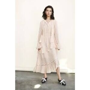 DEREK LAM 10 Crosby Cream Red Tiered Windowpane Asymmetrical Ruffle Dress Size 8